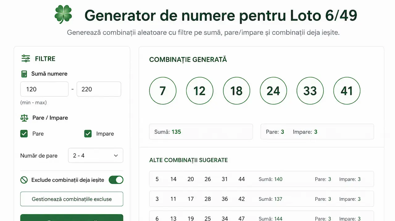 Generator de numere pentru Loto 6/49, cu filtre pe sumă, pare/impare și combinații deja ieșite